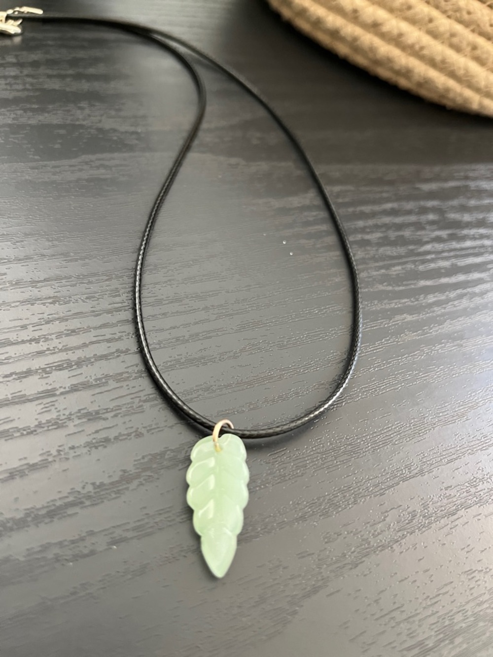 Jade Leaf Jade Pendant Necklace on Black leather necklace